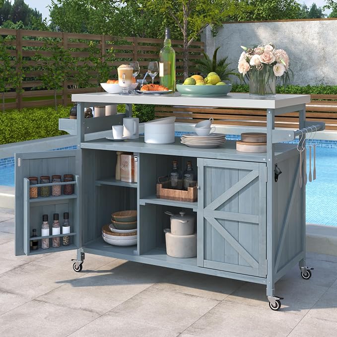 Large Outdoor Rolling Patio Bar Table Cart, Outdoor Kitchen Island Cart Grill Table, Farmhouse Solid Wood Outdoor Serving Cart Prep Table with Stainless Steel Top for Grill/Kitchen, Grey Blue
