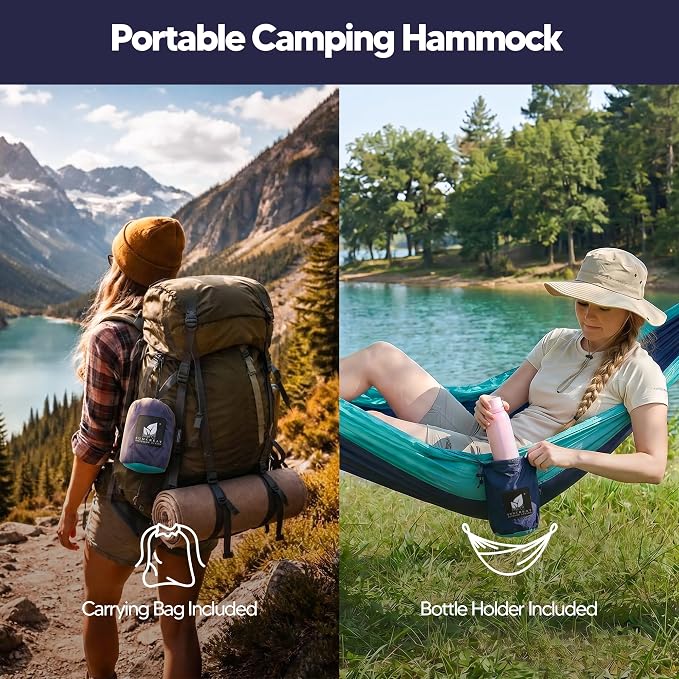 SUNCREAT Camping Hammock, Portable Hammocks with Tree Straps & Carrying Bag, Camping Essentials Gear, Dark Blue