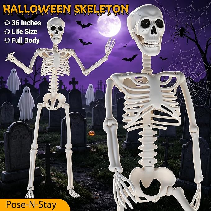 HBSTK 36 Inches Motion&Sound Activated Moving Jaw&Speaking&Glowing Eyes Pose-N-Stay Halloween Skeleton Life Size Full Body Posable Movable Jonints Halloween Decoration Décor