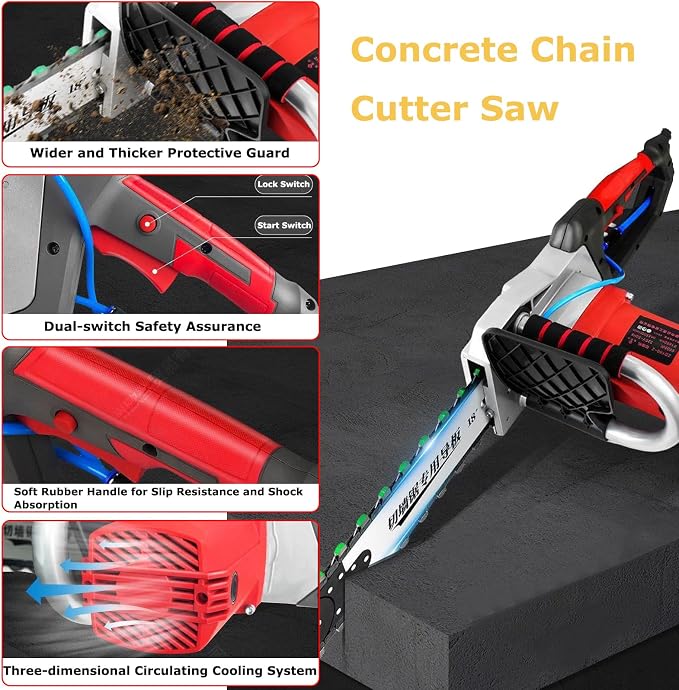 Electric Concrete Chainsaw Wall Cutter Machine 5800W 6500W Handheld Concrete Chain Saw with 2 Diamond Concrete Saw Chain and Water Supply and Dust Suppression (19" Cutting Depth)