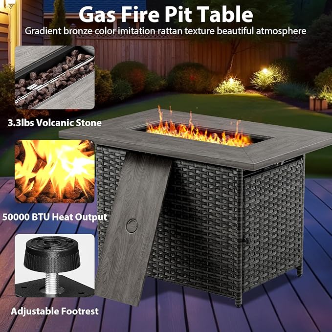 4 Piece Wicker Patio Furniture with Fire Pit Table - Outdoor Conversation Set with 50,000 BTU Fire Pit, All Weather Rattan Patio Set for Deck Backyard Garden - Grey Wicker Grey Cushion