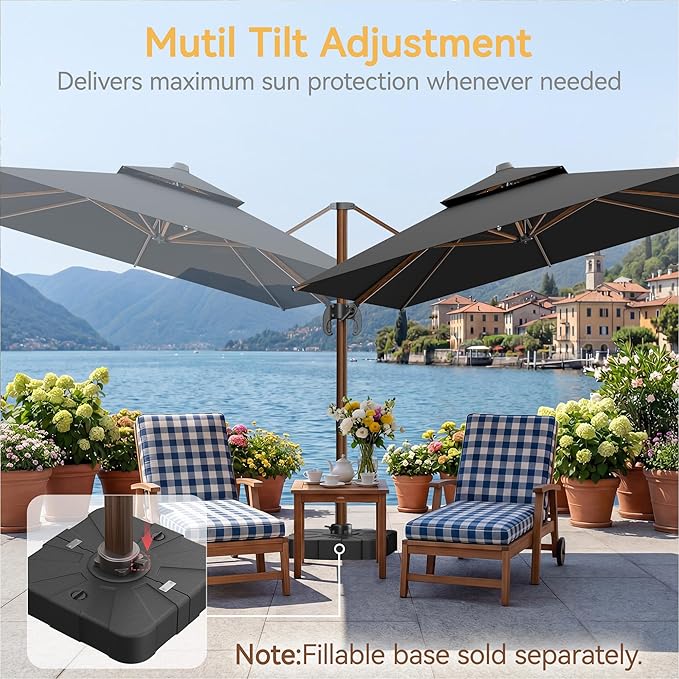 10x13 FT Wood Pattern Patio Umbrella, Large Deluxe Cantilever Rectangular Double Top Heavy Duty Offset Umbrellas with 360° Rotation, Outdoor shade for Garden Deck Pool Patio, Black
