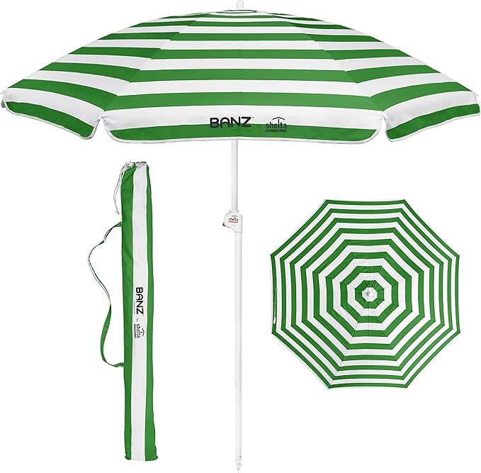 BANZ Cabana Beach Umbrella UPF 50 - UV Protection Foil-Lined Portable Outdoor Umbrella for Sand with Screw-in Base & Tilt Pole - Lightweight Beach Shade & Patio Umbrella with Bag