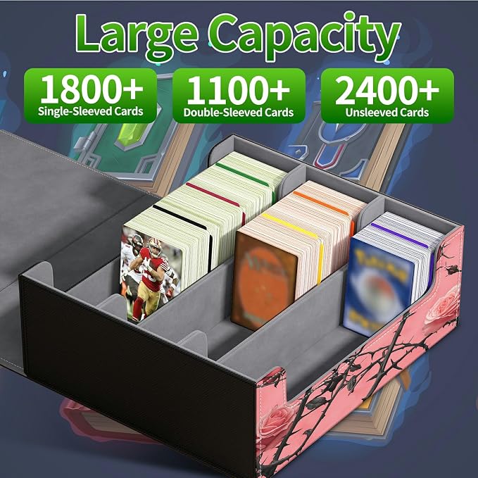 Large Card Deck Box for MTG, Fits 1200+ Sleeved Cards, PU Leather Storage Case with Strong Magnetic Closure, Multiple Colors for TCG CCG Baseball Card Collections, Pink Flower Tree