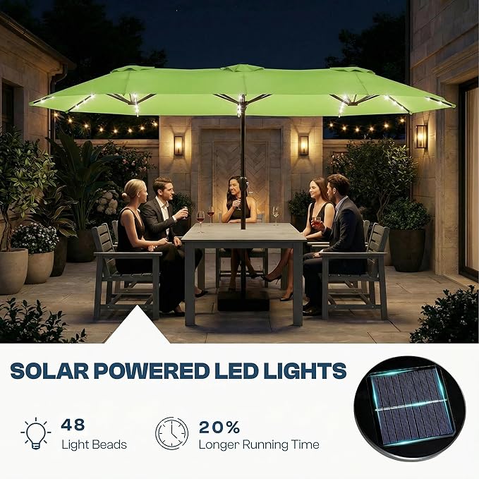 15FT Large Outdoor Patio Umbrella with Solar Lights and Base, Double-Sided Table Umbrellas with 48 LED Lights, Rectangle Market Umbrella for Pool, Deck, Backyard