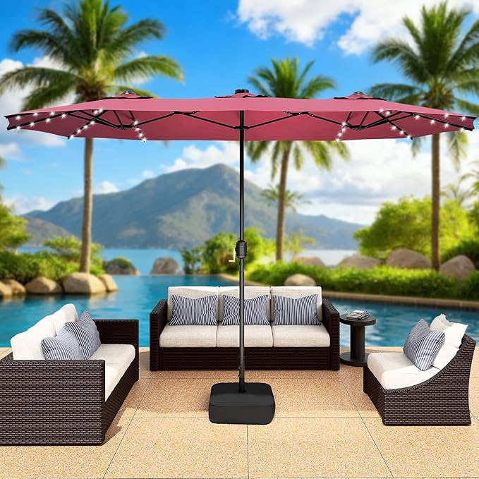 CHABATREE 14FT Large Patio Umbrella with Base & Solar LED Lights - Double-Sided,Red