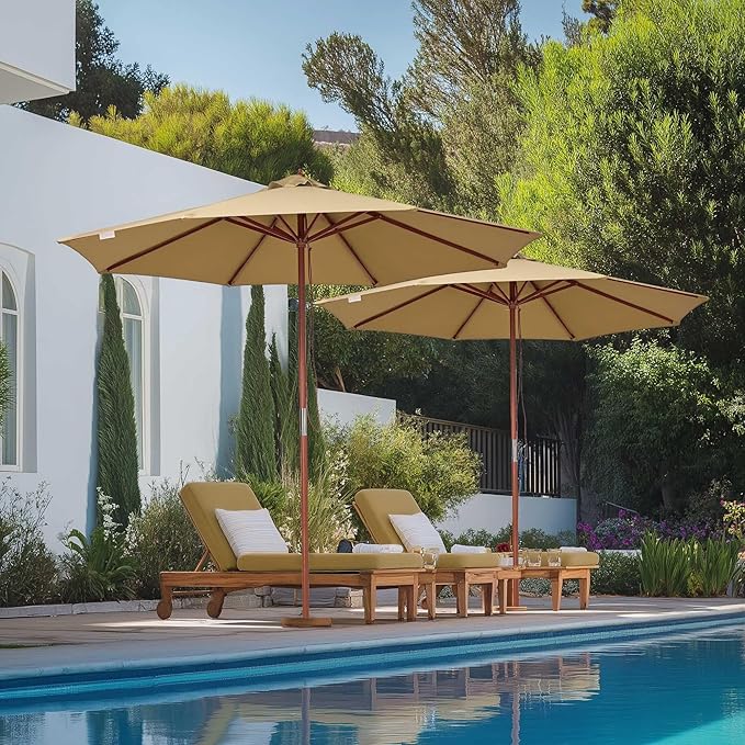 9 Ft Wooden Patio Umbrella 8 Ribs Table Parasol Rope Pulley Outdoor Garden Yard