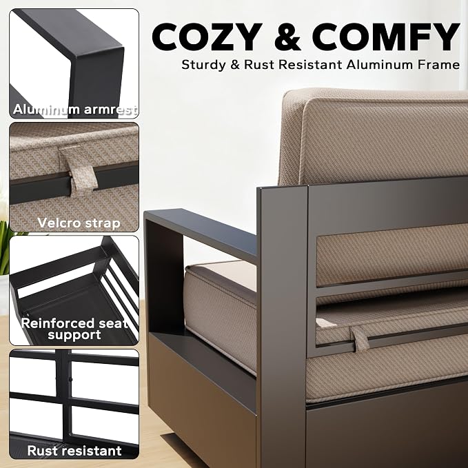 Aluminum Outdoor Conversation Furniture Set - All Weather Patio 79" Sofa with 4 Swivel Rocker Chairs, 6" Water-Resistant Cushions & Furniture Covers & Metal Armrest for Backyard (Beige)