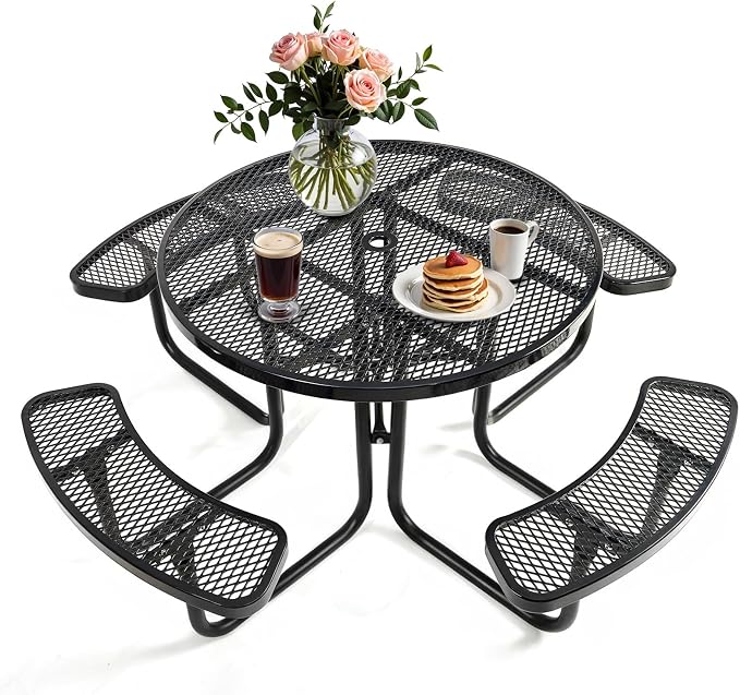 Ceridwen Heavy Duty Picnic Table with 4 Benches, Expanded Metal Steel Mesh Outdoor Patio Dining Table Bench Set with Umbrella Hole,Outdoor Patio Dining Table for Garden (Round, Black, 46FT)