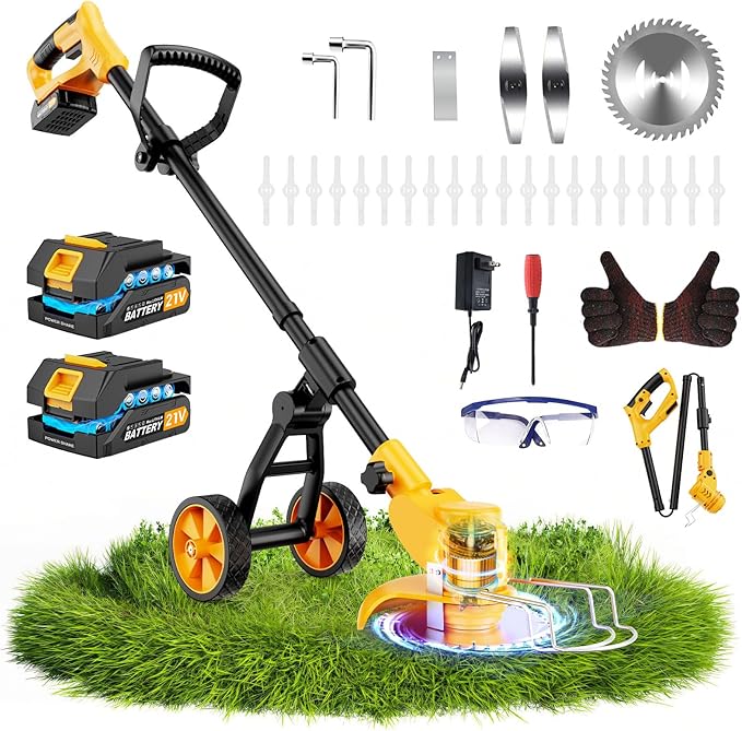 Electric Weed Wacker Cordless with Wheels,Electric Weed Eater Battery Powered,4 in 1 Grass Trimmer/Brush Cutter/Grass Edger/Small Lawn Mower,No String Trimmer with Metal Blade,2 Battery (Black Yellow)
