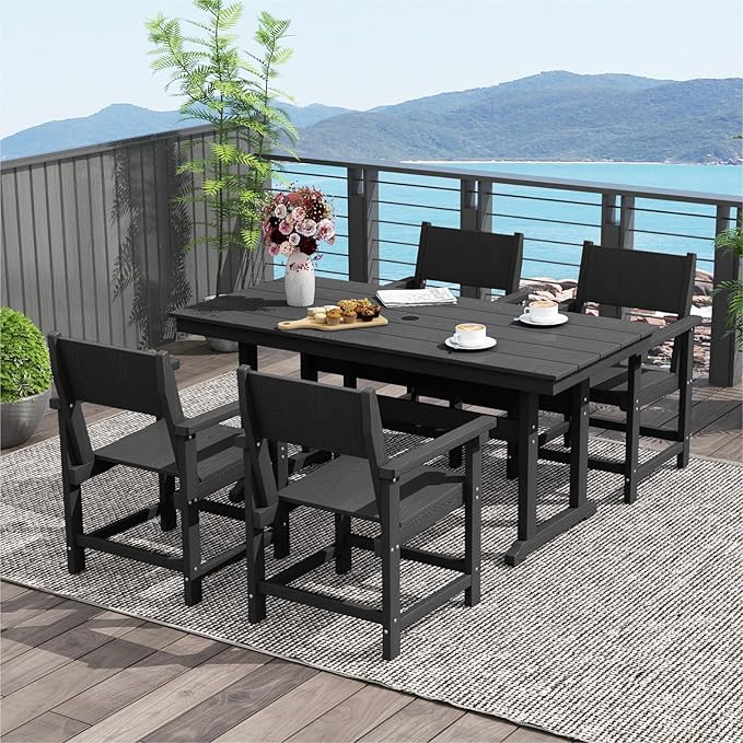 5-Piece HDPE Outdoor Patio Dining Set,Outdoor Table and Chairs,Modern Plastic Dining Sets with Umbrella Hole Cut-Out Table and 4 Chairs Black
