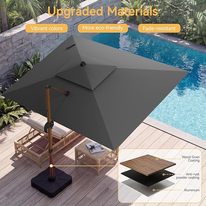 10x13 FT Wood Pattern Patio Umbrella with Base, Large Deluxe Cantilever Rectangular Double Top Heavy Duty Offset Umbrellas with 360° Rotation, Outdoor shade for Garden Pool Patio, Grey
