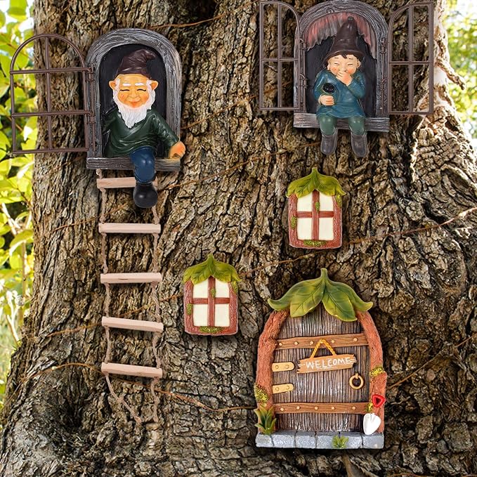 7 Pcs Fairy Garden Accessories Tree Hugger Gnome Statue Tree Faces | Fairy Door Window Set Dwarf Elf Landscape Figurine Out The Door Resin Sculpture Hanging Decor Fresh for Trees Outdoor Decor