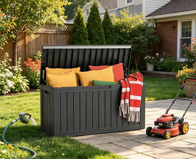LAUSAINT HOME 90 Gallon Resin Deck Box, Package Delivery Box with Lockable Lid, Waterproof Outdoor Storage Box For Garden Tools, Patio Cushions(90 Gallon,Black)