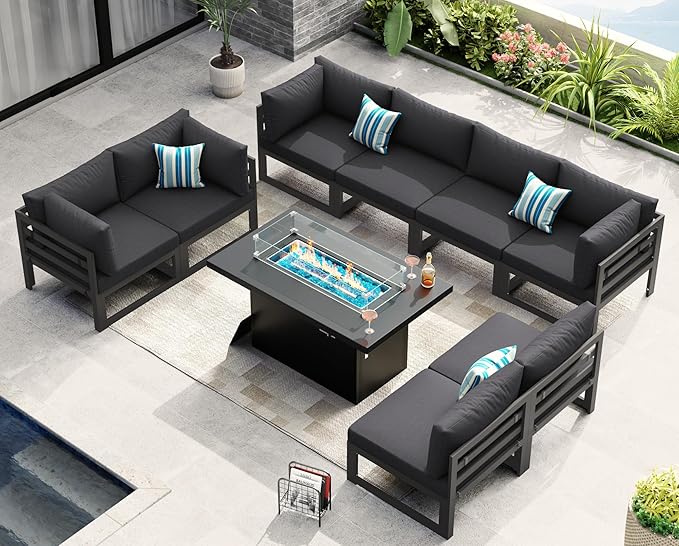 NICESOUL 9 Pcs Modern Aluminum Outdoor Patio Furniture Set with Fire Pit Table Propane/Gas, Extra Large All-Weather Modular Sectional Couch, 29" Wide Deep Seating Conversation Sofa for Deck, Dark Grey