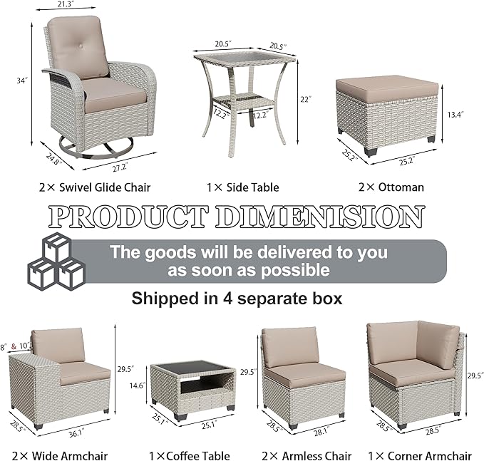 11-Piece Outdoor Patio Furniture Set, Modular Sectional Sofa Set with Swivel Rocker Chairs & Ottomans, Wicker Outdoor Couch Conversation Sets w/Coffee Table and Cushions, Khaki