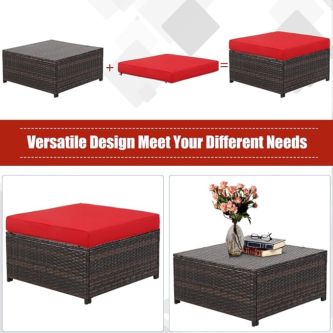 DORTALA 5-Piece Outdoor Patio Conversation Set, Loveseat and 2 Ottoman, Outdoor Sectional Rattan Sofa Set, Multifunctional Rattan Furniture Set Suitable for Home Backyard Garden Poolside Balcony, Red