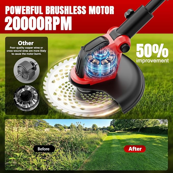 6000mAh Electric Weed Eater Battery Powered,12″ Brushless Electric Weed Wacker Cordless Wheeled String Trimmer,4 in 1 Grass Trimmer/Brush Cutter/Grass Edger/Weed Trimmer 5 Blade, 2 Battery (Red)