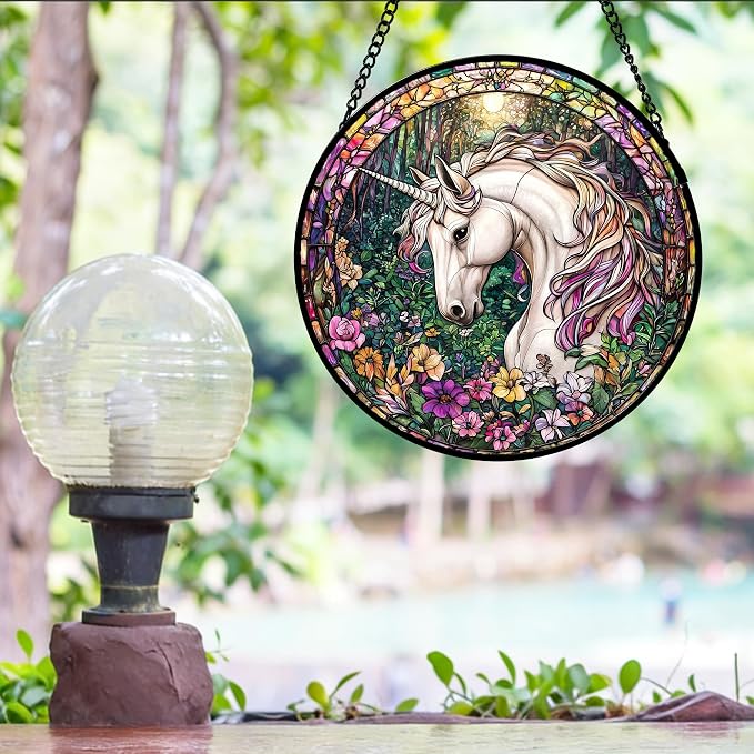 DASTOLL Stained Glass Window Hanging, Unicorn Flowers Suncatcher for Doors Home Sun Catchers Decoration and Christmas, Mother's Day Birthday Gifts for Women, Men, and Mom 9.8 in
