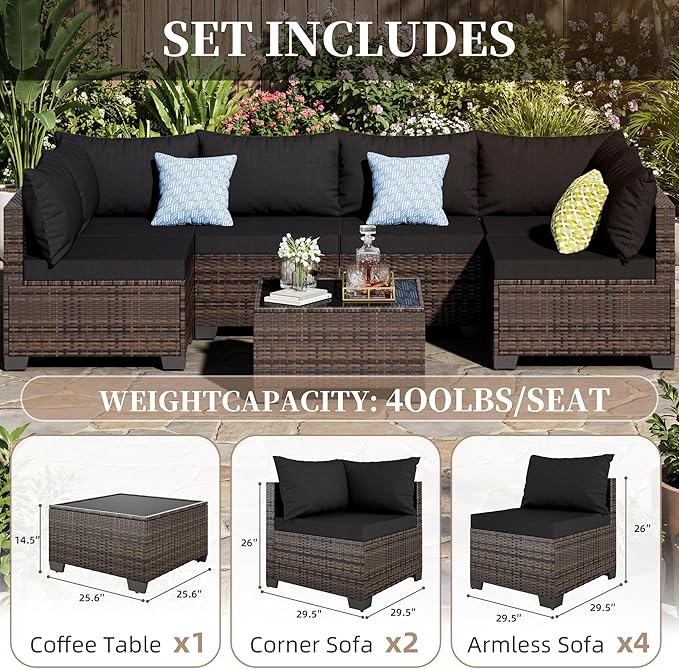 7 Pieces Patio Furniture Set - Outdoor Sectional Wicker Rattan Furniture with Cushion and Glass Table Patio Conversation Sets for Porch Poolside Backyard Outdoor Sofa Set Modular Sofa