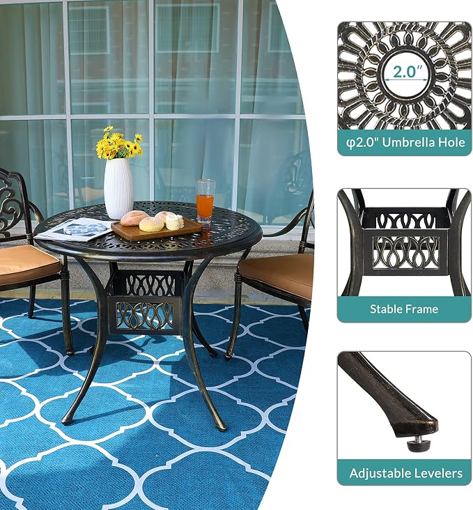 MEETWARM 3 Piece Patio Bistro Set, Outdoor All-Weather Cast Aluminum Dining Furniture Set Includes 2 Cushioned Chairs and a 35.4” Round Table with Umbrella Hole for Garden Deck