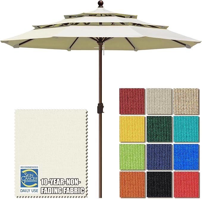 EliteShade USA 10-Year-Non-Fading 11ft 3-Tier Market Patio Umbrella, Commercial Grade Outdoor Table Umbrella with Crank Open, Windproof & UPF 50+ UV Protection, Heavy Duty Ventilation for Garden, Deck, Pool, Backyard, Beach & Bistro, No Tilt, Natural