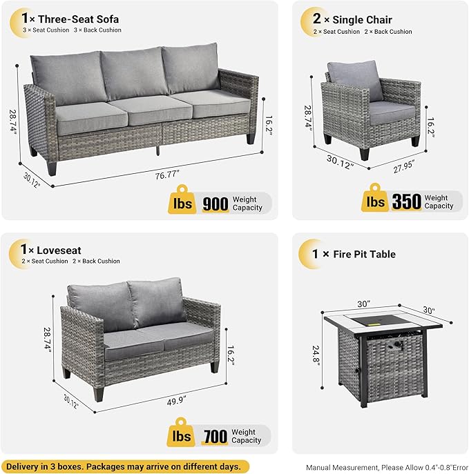 ovios 5 Pieces Patio Furniture Set, Outdoor Wicker Rattan Sofa Couch with 30" Fire Pit Table, Loveseat Chairs, Conversation Sets for Yard Porch Garden, Dark Grey