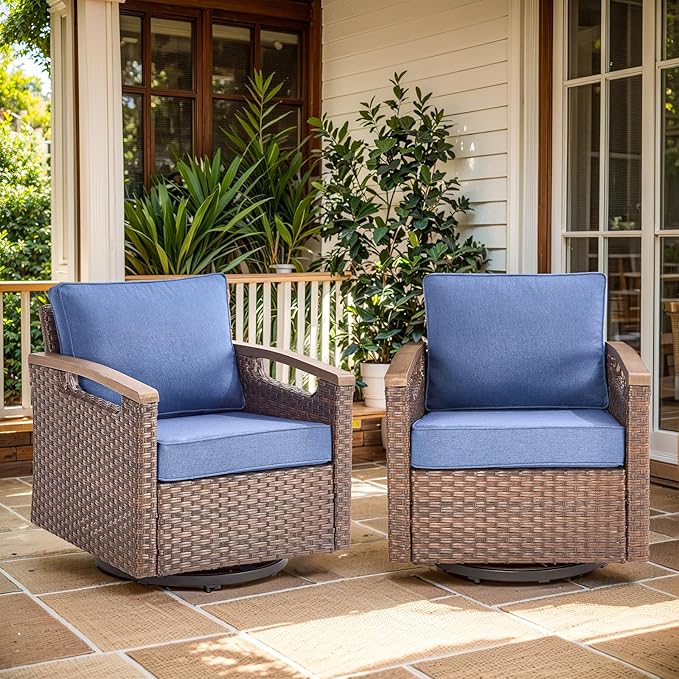 Luxury Outdoor Swivel Rocker Patio Chairs Set of 2 - Heavy Duty Metal Handrail All Weather Wicker Glider Chairs Set with Comfort Thick Cushion for Porch, Poolside and Deck - Blue