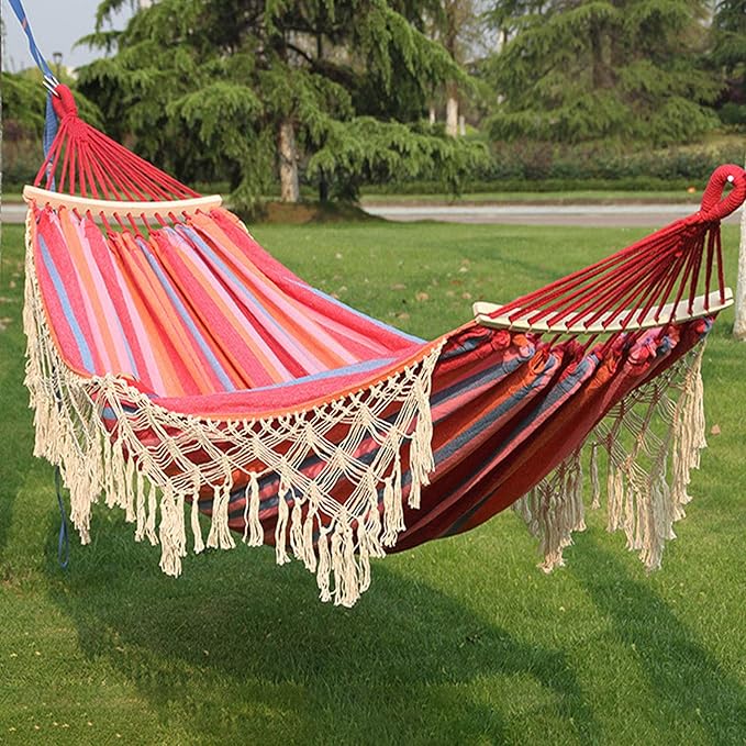 Cotton Fabric Hammock with Wood Spreader Bar and Fringed Deluxe Boho Style Swing Chair Indoor Bedroom Porch Yard Camping Hiking Travel Decor 200X150cm,Green