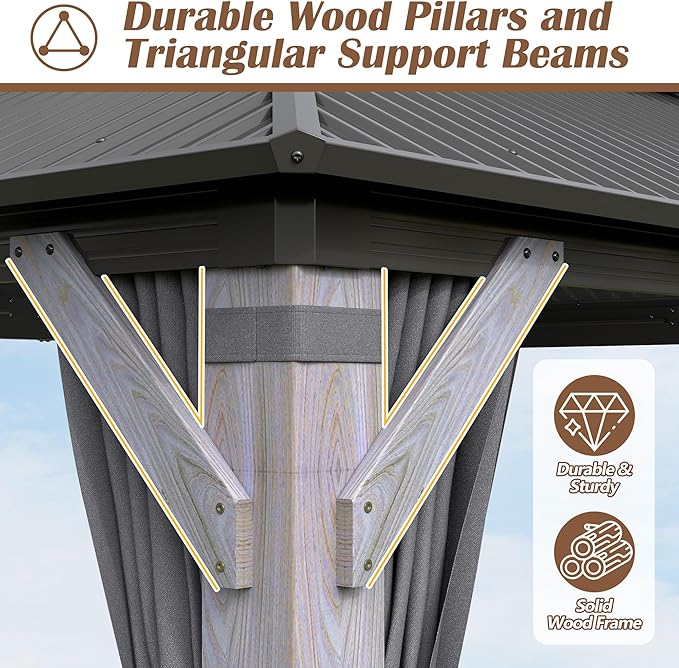 12' x 16' Wood Gazebo, Outdoor Cedar Wood Hardtop Gazebo with Galvanized Steel Doule Roof, Wooden Frame Gazebos with Netting and Curtains for Patio, Backyard, Deck
