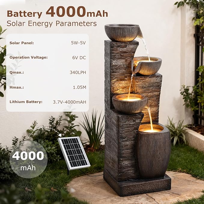 38.2" Tall Solar Powered Water Fountain for Outdoor,4 Tiers Modern Cascading Bowls and Stacked Stones Solar Fountains with LED Lights for Garden, Patio, Deck, Backyard and Home Art Decor