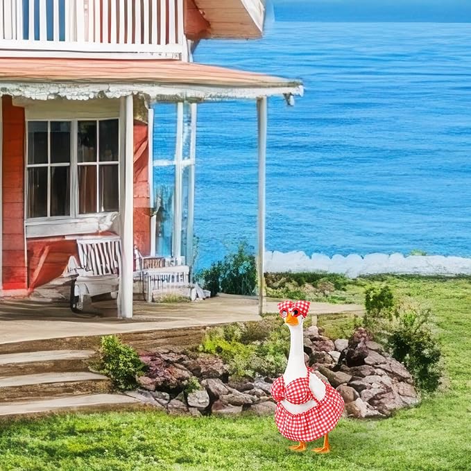 FuWeave Summer Porch Goose Outfit for 17" Red Plaid Goose Costume Clothes for Outdoor Patio Yard Lawn Art Decoration