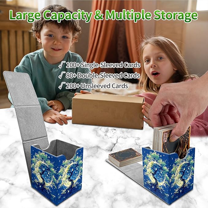 Moon Green Tree Card Deck Box for MTG, Personalized Card Storage Case Fits 120+ Sleeved Cards, Premium Leather TCG Box with Strong Magnetic Closure for Magic, CCG, PTCG, Baseball Cards