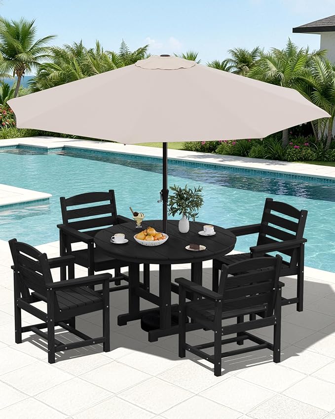 SERWALL Outdoor Round Dining Sets with Umbrella, HDPE Patio Table and Chairs Furniture Set, 45" Round Dining Table & 4 Dining Chairs & 1 9FT Umbrella, Black(Not Include Umbrella Base)