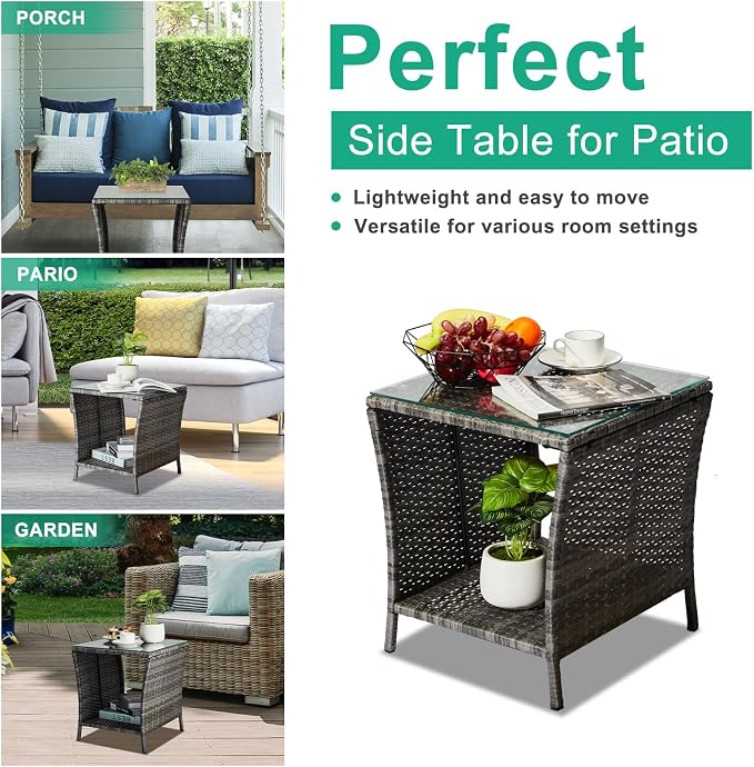 Bonnlo Garden Coffee Table, Small Grey Rattan Side Table, Weatherproof with Glass Top for Outside Balcony Conservatory, 46x46x50cm