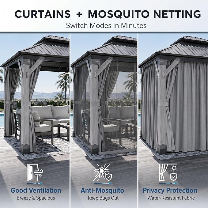 Hardtop Wood Gazebo, Cedar Frame Outdoor Pavilion with Double Galvanized Steel Roof, Curtains and Netting Included, Ceiling Hook for Patio Backyard Deck Lawn Garden (Gray, 10x10FT)