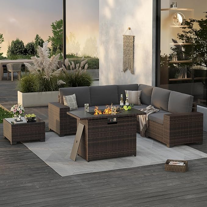 Soohow 7-Piece Patio Furniture Set with 44" Fire Pit Table, Outdoor Sectional Wicker Rattan Conversation Set for Garden, Porch, Backyard - Grey Cushions