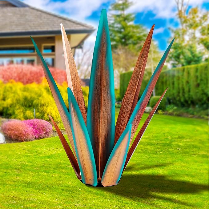 KODIBO 24" Metal Agave Plant Outdoor Decor, Large Garden Sculpture, Blue | Rust-Resistant Finish, Hand-Painted Metal, Tequila Rustic Sculpture, Desert Steel Yard Art, Southwestern Outdoor Garden Decor