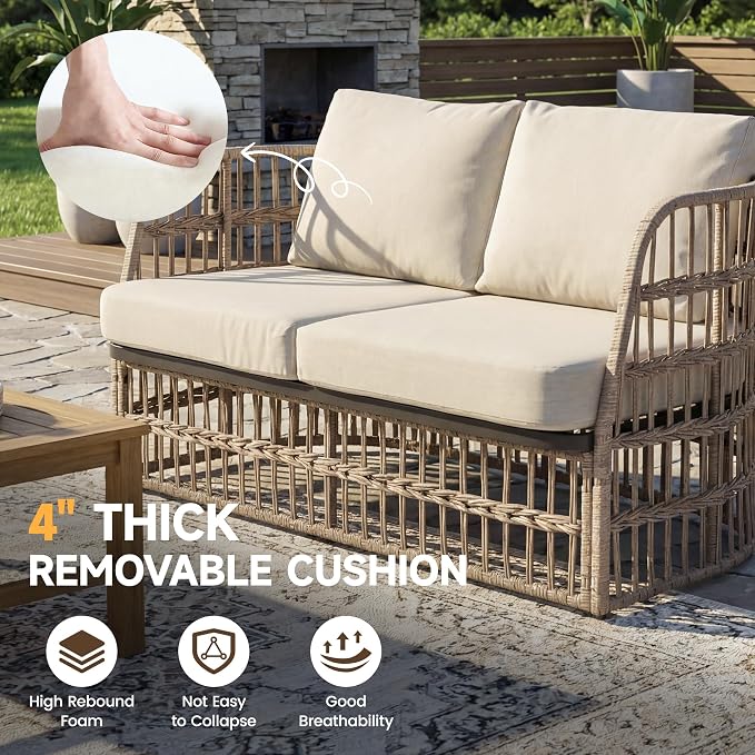 4 Piece Patio Conversation Set, Modular Outdoor Sectional Furniture Set for 4, Rattan Patio Sofa Couch with Cushions, Modern Patio Furniture Set with Coffee Table for Deck/Balcony/Porch, Beige
