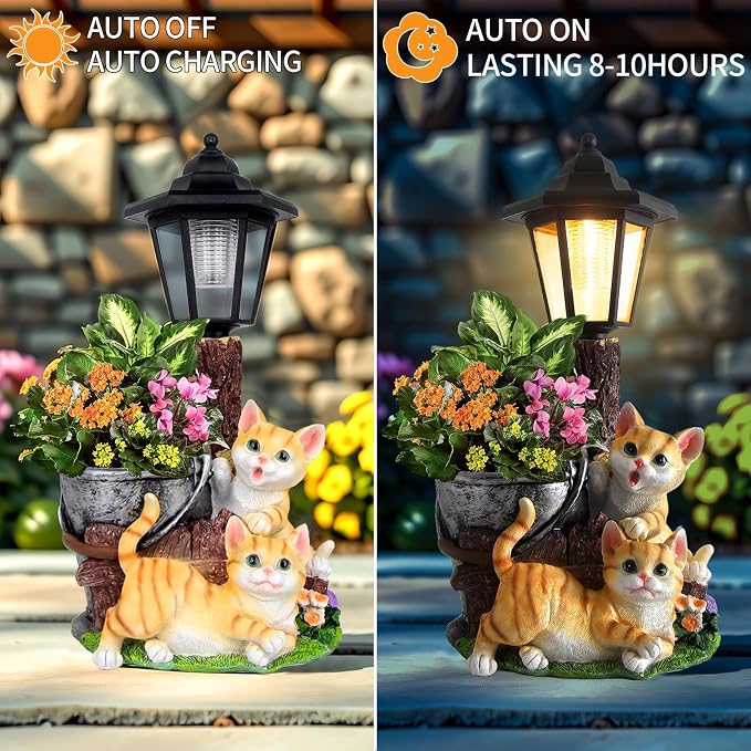 Solar Cat Outdoor Statues, Garden Sculptures with Flowerpot & Lantern | Cute Cat Figurines for Yard Art Lawn Ornaments Porch Patio Balcony - Idea Gifts for Women Mom Grandma