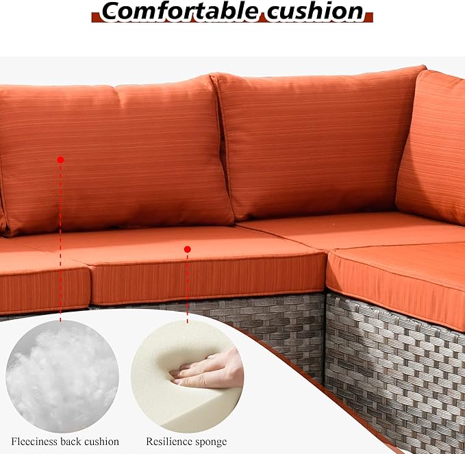 HOOOWOOO Outdoor Patio Sectional Furniture Sofa Set with Propane Fire Pit Table,13 Piece Large Modern Wicker Couch with Widened Armrest,Modular L Shaped Conversation Seating Set(Orange Red)