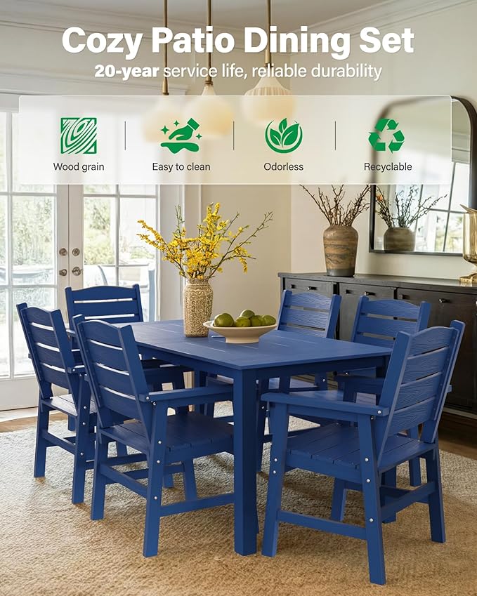 YEFU HIPS Patio Dining Sets: 7-Piece All-Weather Outdoor Table and Chairs with Umbrella Hole - Low-Maintenance Patio Dining Set for 6 Modern Furniture with Aluminum Frame for Family with Deck Blue