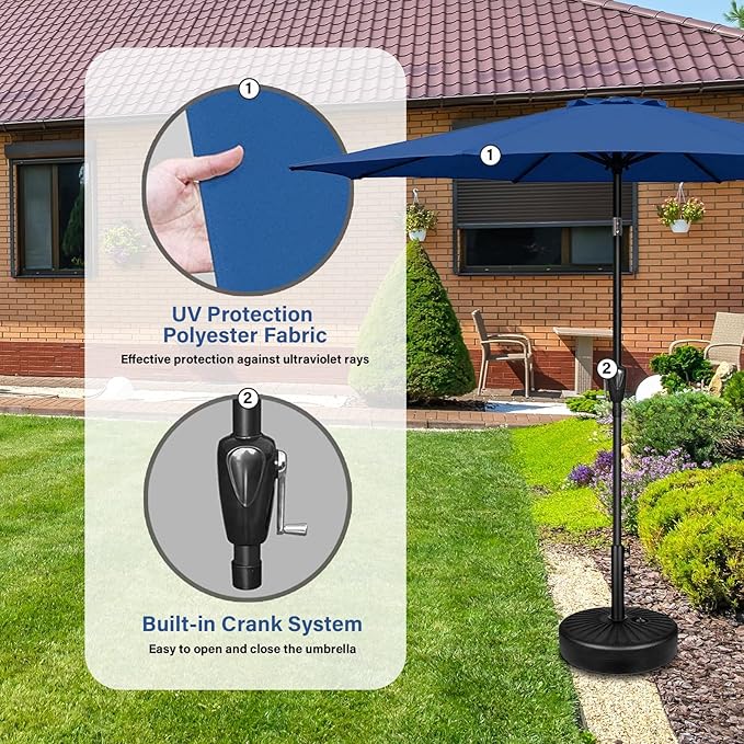 YSSOA 9' Patio Umbrella with 50lbs 20" Capacity Fillable Heavy Duty Round Base, 8 Sturdy Ribs, for Outdoor Lawn, Deck, Poolside, Blue and Black
