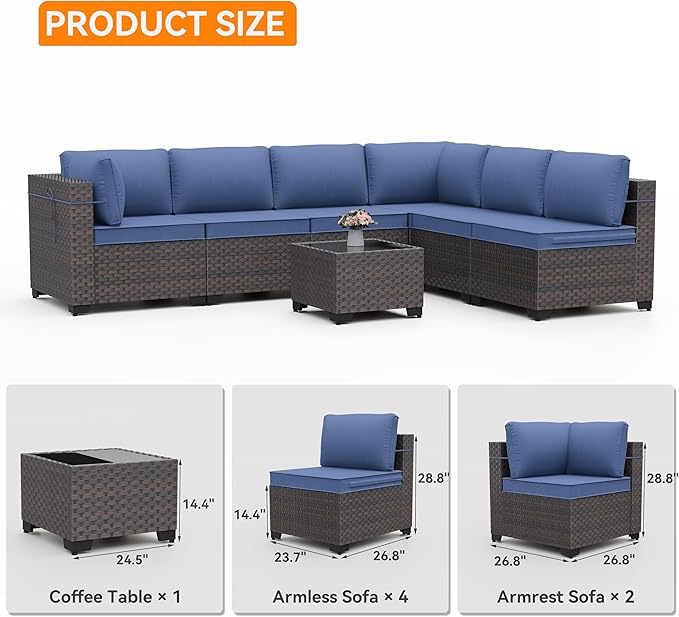 Patio Furniture Set 10 Pieces Wide PE Rattan Sofa Set Outdoor Sectional Furniture,Patio Swivel Chair Sofa Set Patio Conversation Set w/Cushions and Glass Coffee Table,NavyBlue