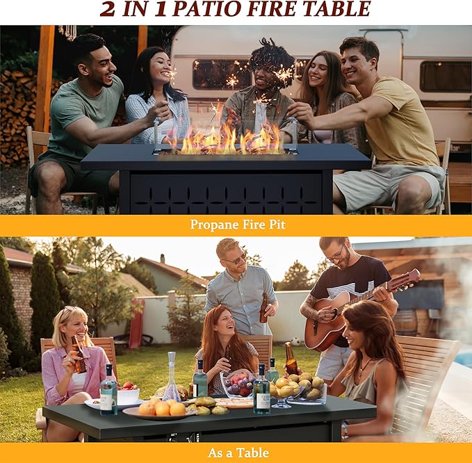 Vongrasig 8 Piece Patio Furniture Set with Propane Fire Pit, Outdoor Conversation Sets Wicker Sectional Sofa with Coffee Table, 43” Gas Gas Firepit Table 50,000 BTU for Outside, Patio, Beige