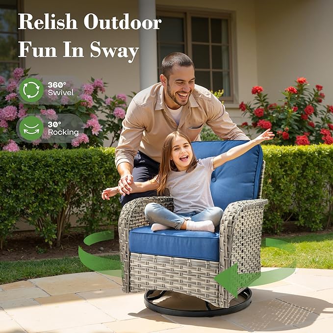 10 Piece Outdoor Patio Furniture with Swivel Rocking Chair, Rattan Wicker Conversation Set with Glowing Coffee Table, Sectional Single Chairs for Porch Balcony Backyard Pool,Blue