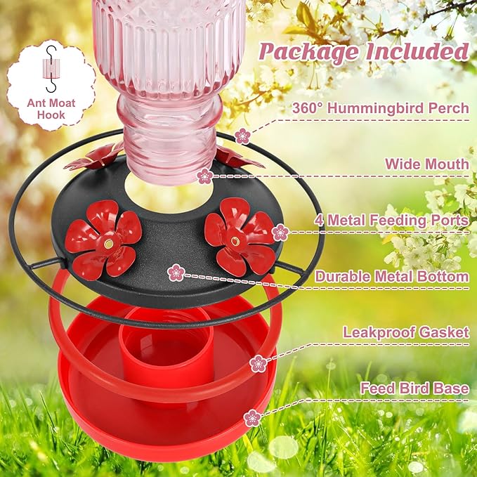 FEED GARDEN Glass Hummingbird Feeder for Outdoors Hanging, 16 OZ Humming Bird Feeders with 4 Bee Guard Feeding Ports & Built-in Ant Moat, Hummingbird Gifts for Mom Bird Feeder for Outside, Pink,2 Pack