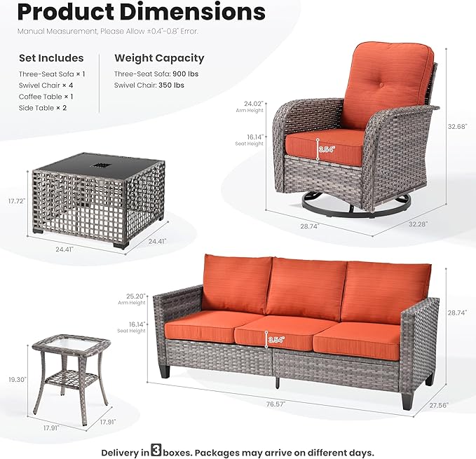 ovios 8 Pieces Patio Furniture Set, Outdoor Wicker Sofa Couch with Rocking Swivel Chairs Solar Lights Table, Modern Deep Seat Rattan Conversation Sets for Deck Porch, Orange Red