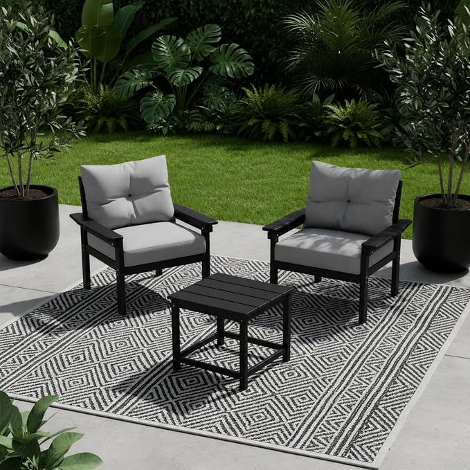 HDPE 3 Piece Patio Furniture Set, All-Weather Outdoor Couch Bistro Set with Thick Cushions & Side Table, Patio Conversation Sets for Lawn, Garden, Porch, Balcony, Deck, Poolside, Black & Grey
