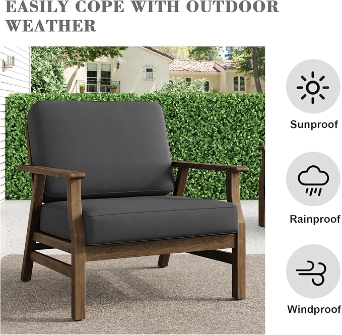 2 Piece Wood Patio Chair Outdoor Bistro Set, Outdoor Armrest Chair All Weather Patio Sofa Furniture Backyard Conversation Sets with Cushions, Dark Gray